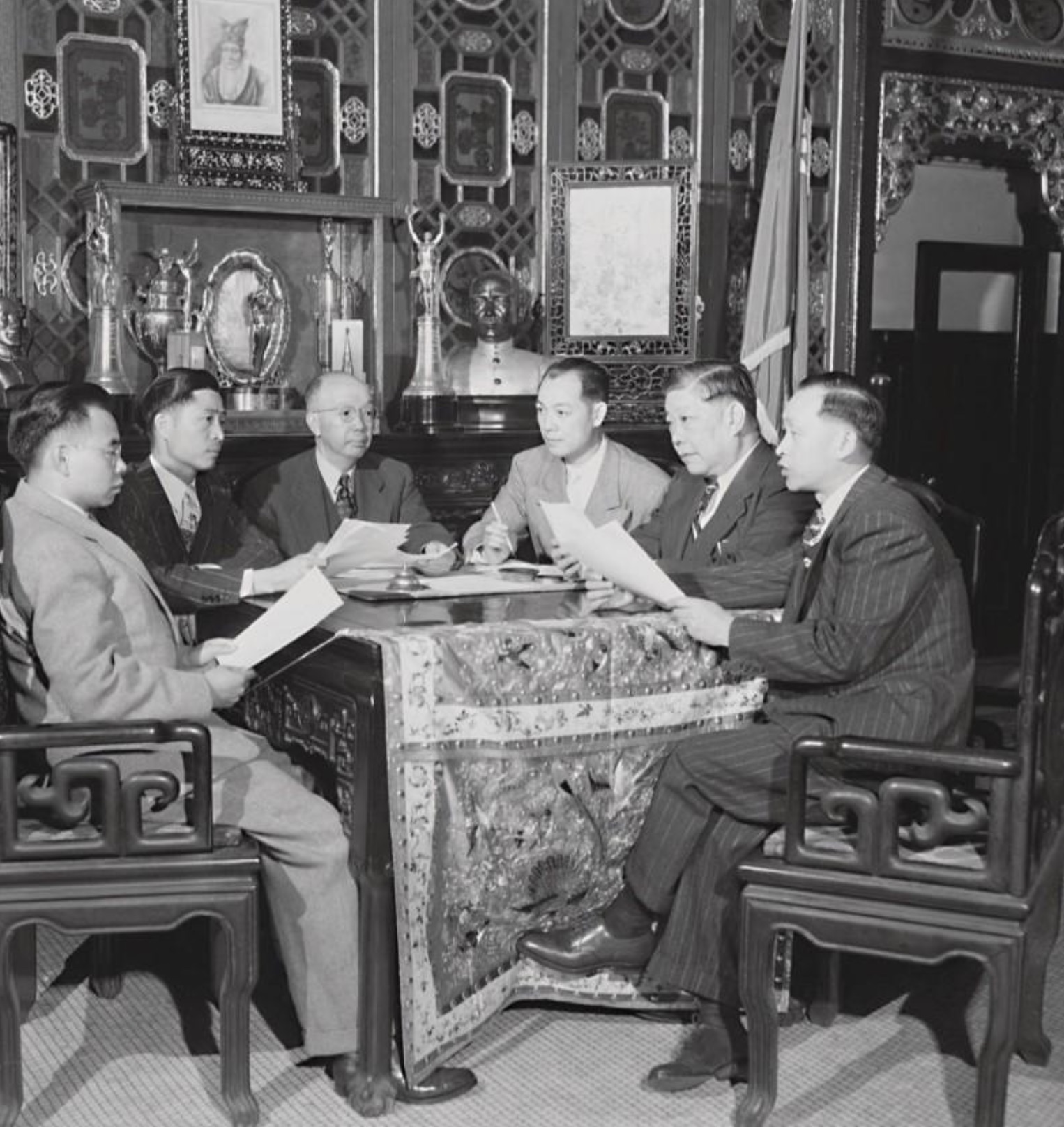The Board of Chairmen of the Chinese Six Companies - an association of six major Tongs - meeting at their headquarters in San Francisco’s Chinatown. 1946